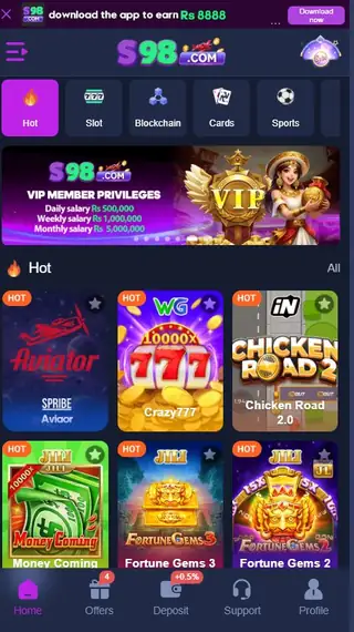 S98 Game homepage showing hot games like Aviator and Crazy777